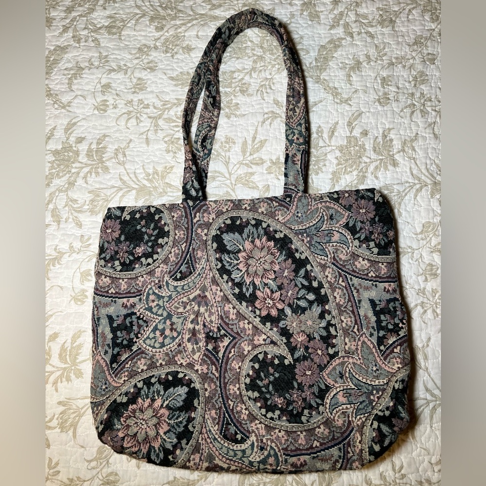 Vintage 90s Floral Tapestry Carpet Tote Bag Handbag Cottagecore Grannycore